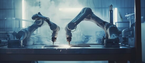 Robot arms working together to mill a metal surface.