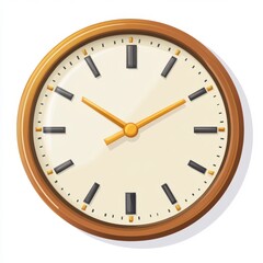 Round analog clock with gold hands and wooden frame on a white background. Simple design, clear time display.