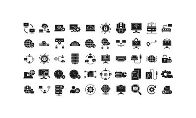 icon set network management with black fill style, isolated on white background editable.