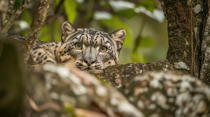Fototapeta premium Close-Up of a Spotted Leopard Resting on a Tree Branch in a Lush Green Jungle Environment