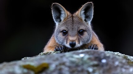 Fototapeta premium Curious rock-wallaby joey peeking over a mossy stone in its natural habitat during twilight.