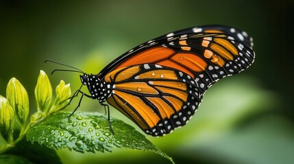 Naklejka premium Close-Up of a Monarch Butterfly Resting on a Leaf with Water Drops in a Lush Green Environment