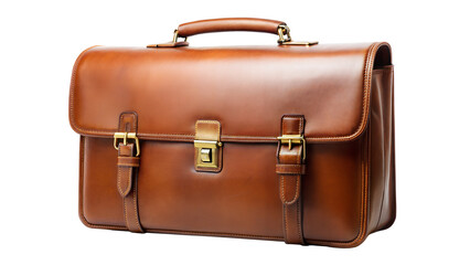 Vintage brown leather briefcase and old suitcase isolated on white