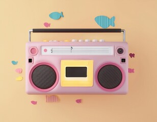 Summer and boombox: Retro boombox covered in colorful stickers, summer aesthetic.