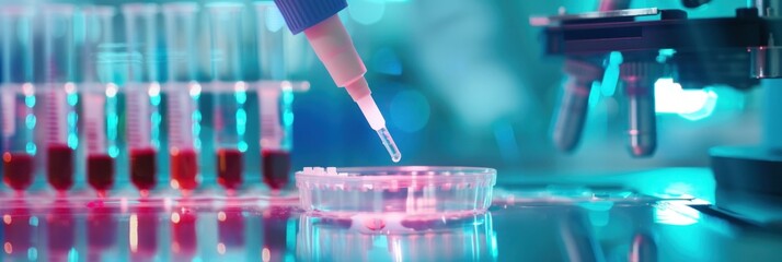 Macro shot of scientist pipetting sample for DNA analysis in lab