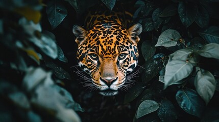 Close-Up of a Jaguar Featuring Fierce Eyes and Vibrant Spots Surrounded by Dense Jungle Foliage