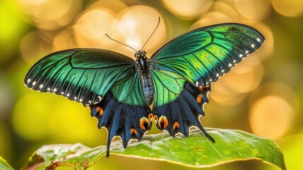 Close-Up of a Vibrantly Colored Green Butterfly Resting on a Leaf in Natural Habitat