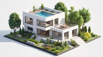 Obraz premium A small modern minimalist house isometric perspective,&nbsp;3D model miniature