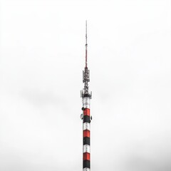 Obraz premium Tall communication tower against a bright white sky. The tower is predominantly black and white with red stripes.