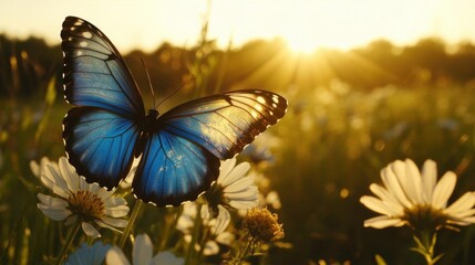 Close-Up of a Vibrant Blue Butterfly Perched on Daisies with Sunlight in a Serene Meadow