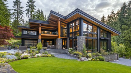 Modern luxury home with large windows, stone accents, and landscaped yard.