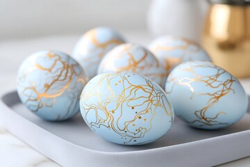 Obraz premium Light blue easter eggs with golden decoration lying on a tray