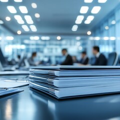 Close up of three ring binders on a dark desk in a modern office setting, with blurred businesspeople in the background. Cool toned lighting. 