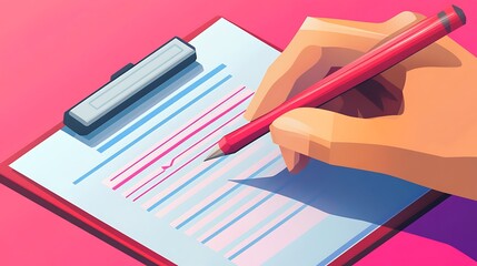 빨간 연필로 클립보드에 쓰고 있는 손, AI 생성