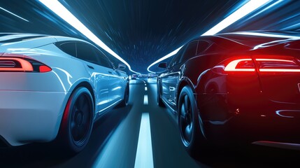 Two sleek electric cars racing through a futuristic tunnel, showcasing speed and innovation in a vibrant environment