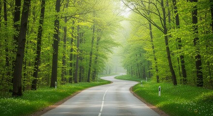 Obraz premium A Winding Road Through a Lush Green Forest is Displayed