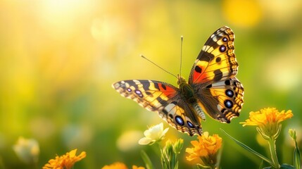 Obraz premium Colorful Butterfly Perched on Flower Petals in a Sunlit Garden During Spring Season