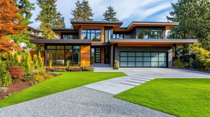 Fototapeta premium Modern luxury home with wood and stone exterior, spacious driveway, and landscaped lawn.