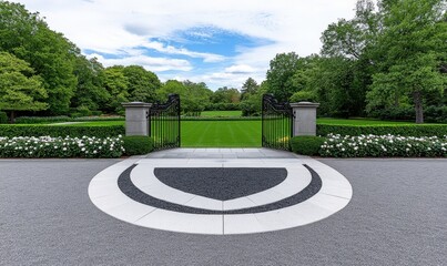 Obraz premium Elegant Entrance to Lush Garden with Decorative Pavement, Iron Gates, and Expansive Green Lawn Under a Clear Blue Sky
