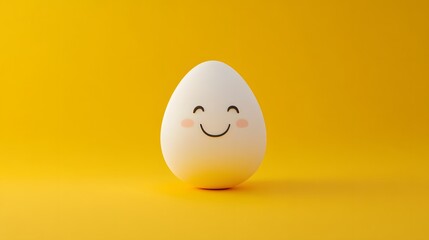 Minimalist cartoon egg with a smiley face on a bright yellow background, blending simplicity with charm, conveying happiness, and showcasing imaginative character design in a cheerful visual