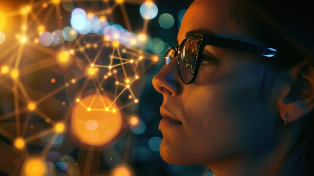 Woman captivated by glowing digital nodes representing connectivity and data processing.