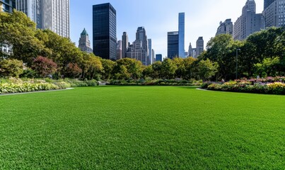 Obraz premium Lush Green Park in Urban Cityscape Surrounded by Skyscrapers and Trees on a Clear Sunny Day with Bright Blue Sky and Vibrant Colors
