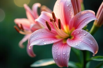 Close-up of delicate lily blossoms, dew drops glistening, macro, stock
