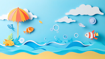 Colorful paper art ocean scene with fish and umbrella.