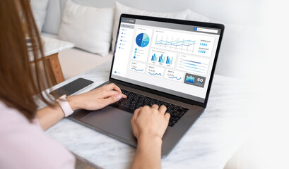 Businesswoman uses laptop to work on company growth analysis, statistics, graphs and pie charts. Financial analysis and business concept