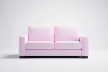 Fototapeta premium Pink two-seater fabric sofa stands isolated against a clean white studio background.