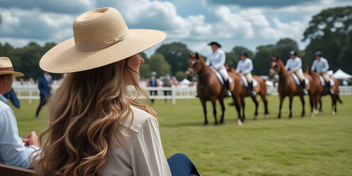 Elegant woman in a wide-brimmed hat watching a prestigious equestrian polo match, capturing the essence of sophistication, luxury, and high-society sportsmanship in an outdoor setting.