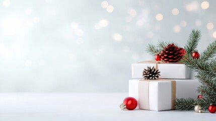 Festive Christmas gifts. Two stacked white gift boxes adorned with festive red ornaments, pinecones, and evergreen sprigs on a light gray backdrop