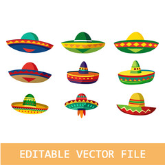 Mexican sombrero hat isolated objects of vector fiesta party and Cinco de Mayo holiday design. Mariachi musician or charro cowboy cartoon sombrero hats set