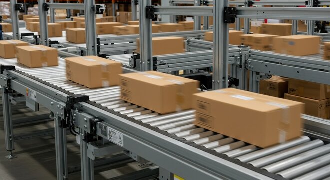 Industrial Conveyor Belt System in a Modern Warehouse: Efficient Package Sorting for Logistics and Supply Chain Management