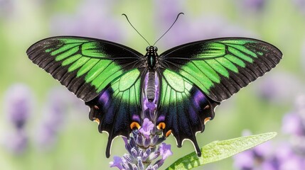 Naklejka premium Detailed Close-Up of a Vibrant Green Butterfly Resting on Purple Flowers in a Natural Environment