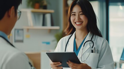 Doctor and patient interaction in a modern clinic, discussing health with a warm atmosphere and bright decor