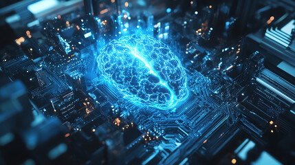Futuristic AI brain over a circuit board, visualizing tech innovation.