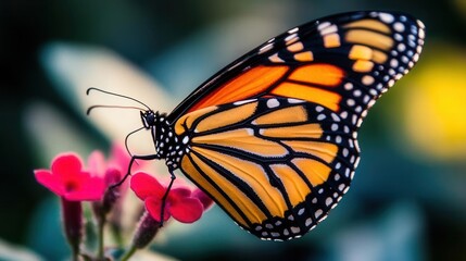 Colorful Monarch Butterfly Resting on Pink Flower in a Natural Garden Setting