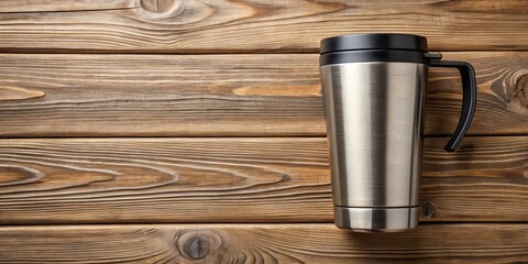 Luxury Stainless Steel Travel Mug Flat Lay, Minimalist Wooden Background, Overhead Product Photography