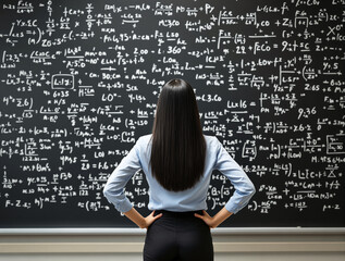Woman in a blue shirt stands before a chalkboard filled with complex mathematical equations, hands on hips. Scientific and creative problem-solving concept. Ai generative