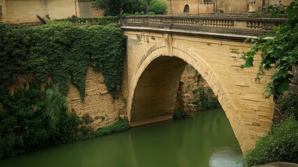 Fototapeta premium Ancient Stone Arch Bridge Over Green Water with Lush Ivy