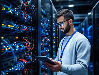 A male IT technician in glasses using a tablet while inspecting server racks with colorful cables in a data center. The background is dimly lit. Ai generative