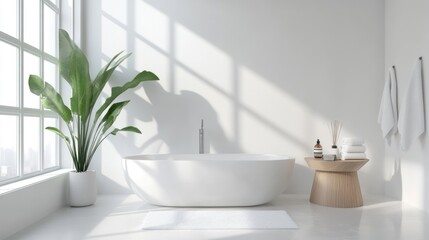 Fototapeta premium Modern minimalist bathroom with white bathtub, large window, plant, and wooden side table.