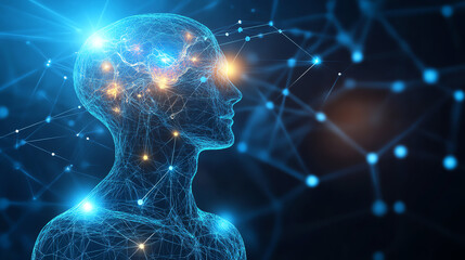 Digital human head with neural network connections and lights