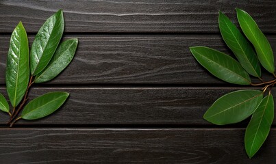 Obraz premium Fresh Green Leaves on Dark Wooden Planks, Natural Arrangement, Textured Background, Botanical Elements, Stylish Nature Composition