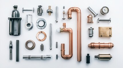 Neatly arranged plumbing components, showcasing precision and organization in design.
