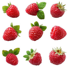 Nine ripe raspberries, close-up view isolated on white or transparent
