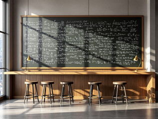 Chalkboard covered in mathematical equations in a modern classroom with wooden stools, sunlight, and lamps. Science and education concept. Ai generative