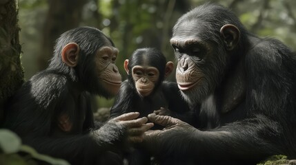 Family of Chimpanzees Interacting in a Lush Green Forest Surrounded by Nature