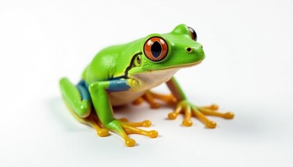 Green tree frog perched on white, vibrant skin, eyes, macro